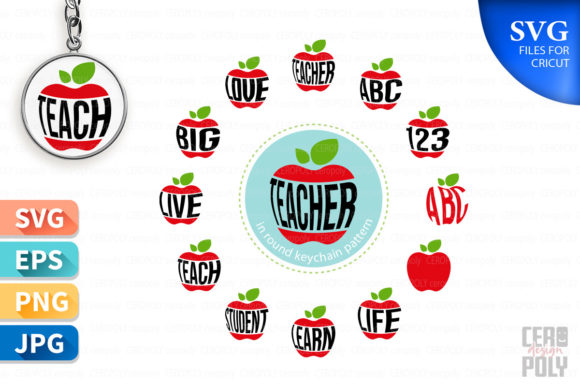 Apple Teacher Keychain Round Embroidery Design